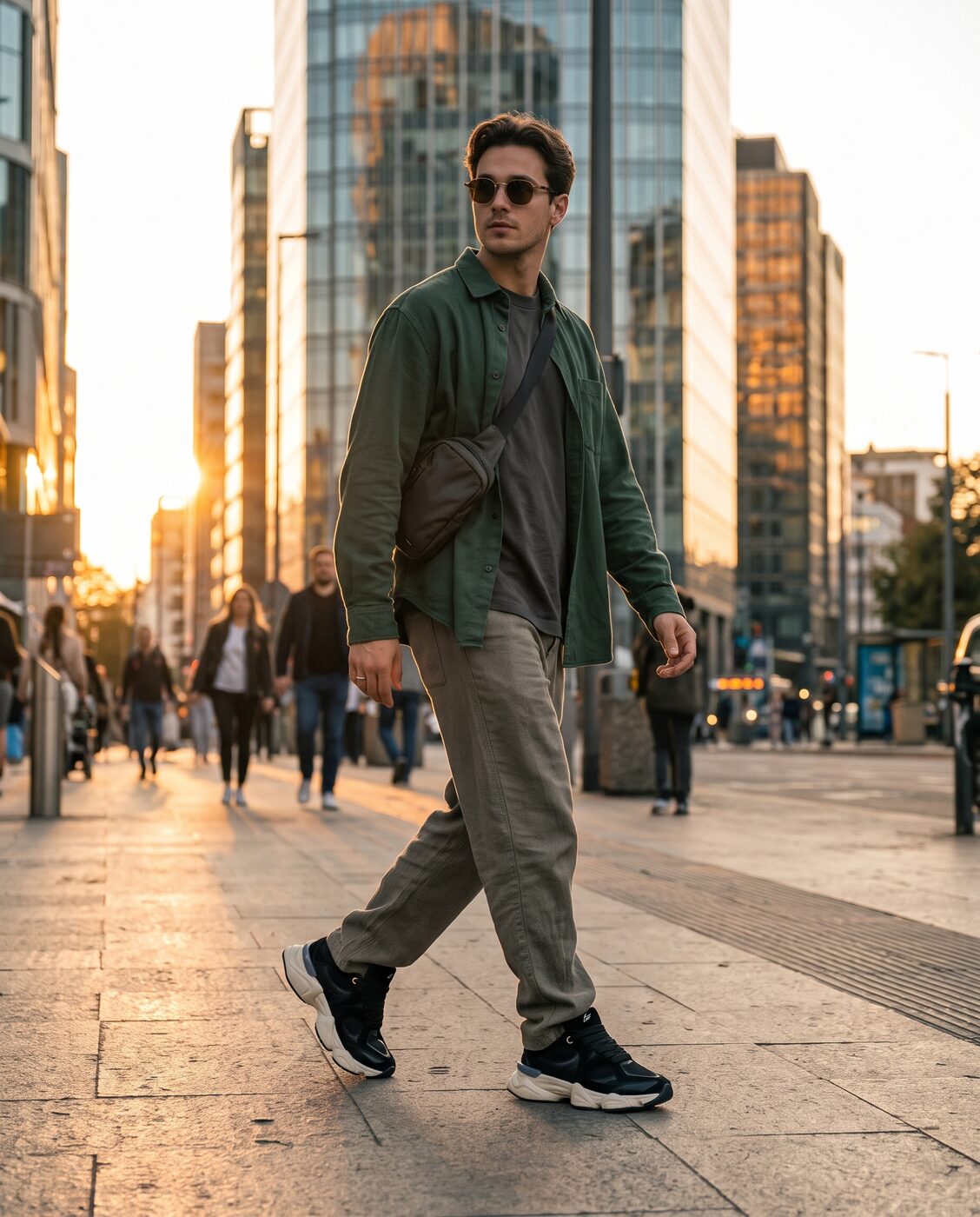 Homem caminhando ao pôr do sol com tênis LOP