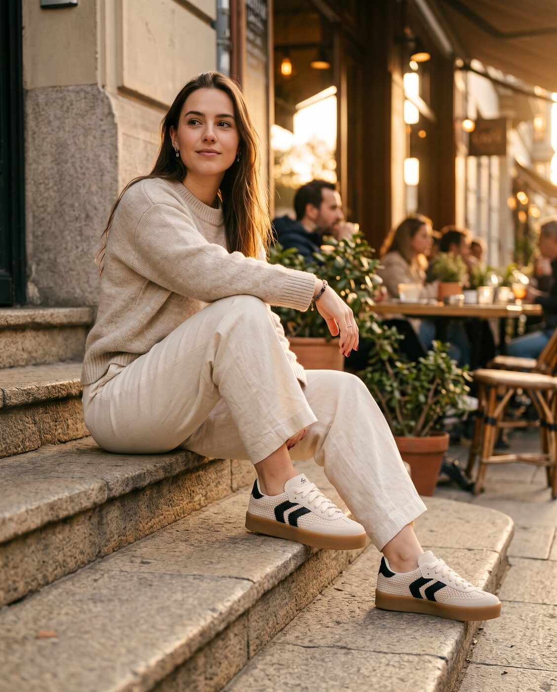 Mulher sentada em café usando tênis LOP