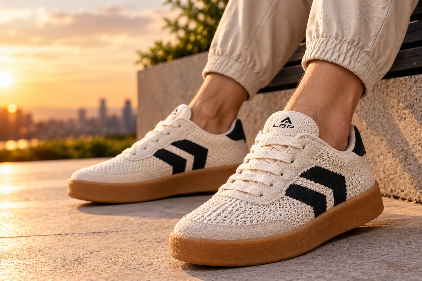 Tênis casual LOP com solado caramelo ao entardecer