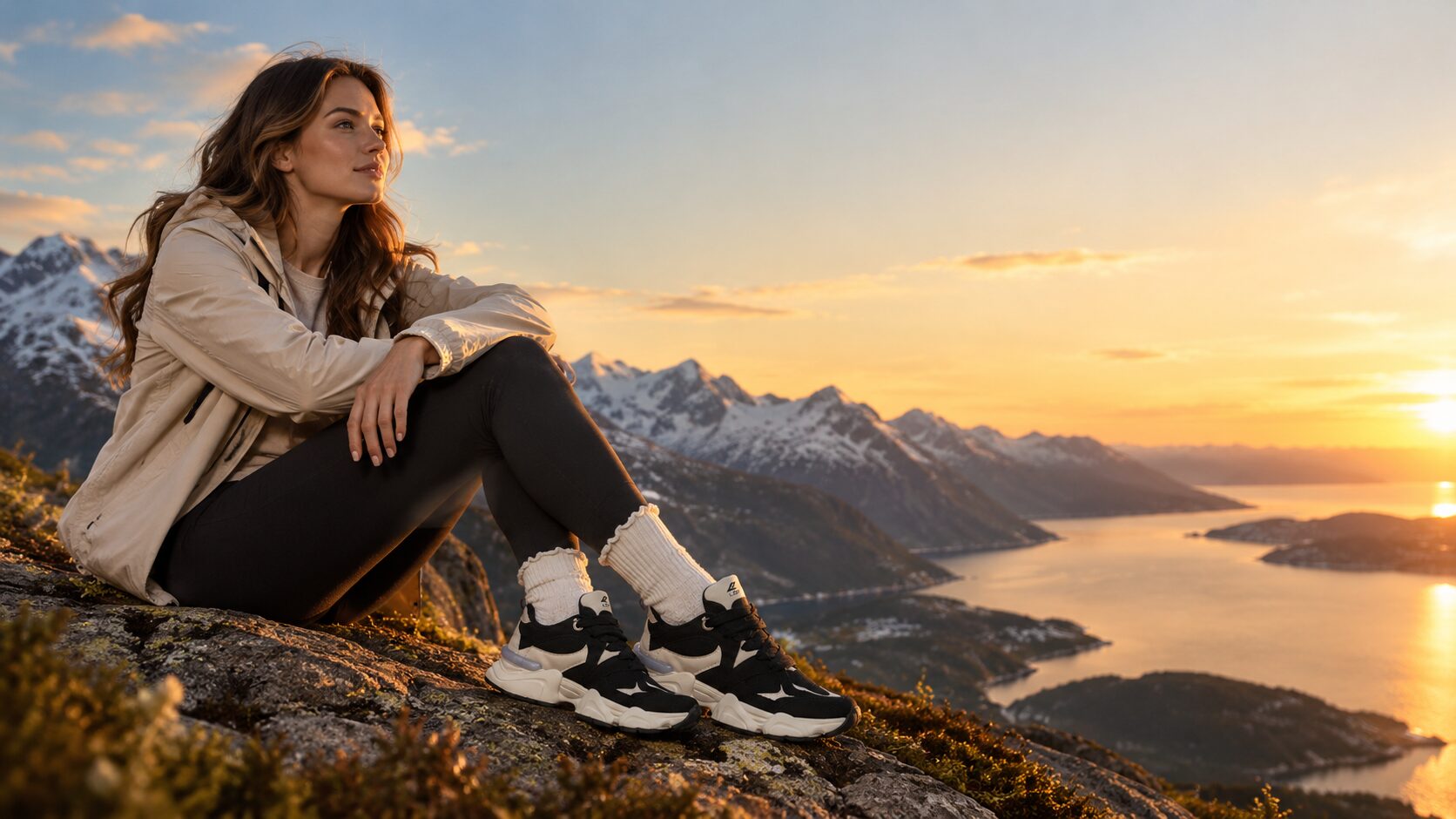 Mulher sentada no alto de uma montanha ao pôr do sol usando tênis LOP