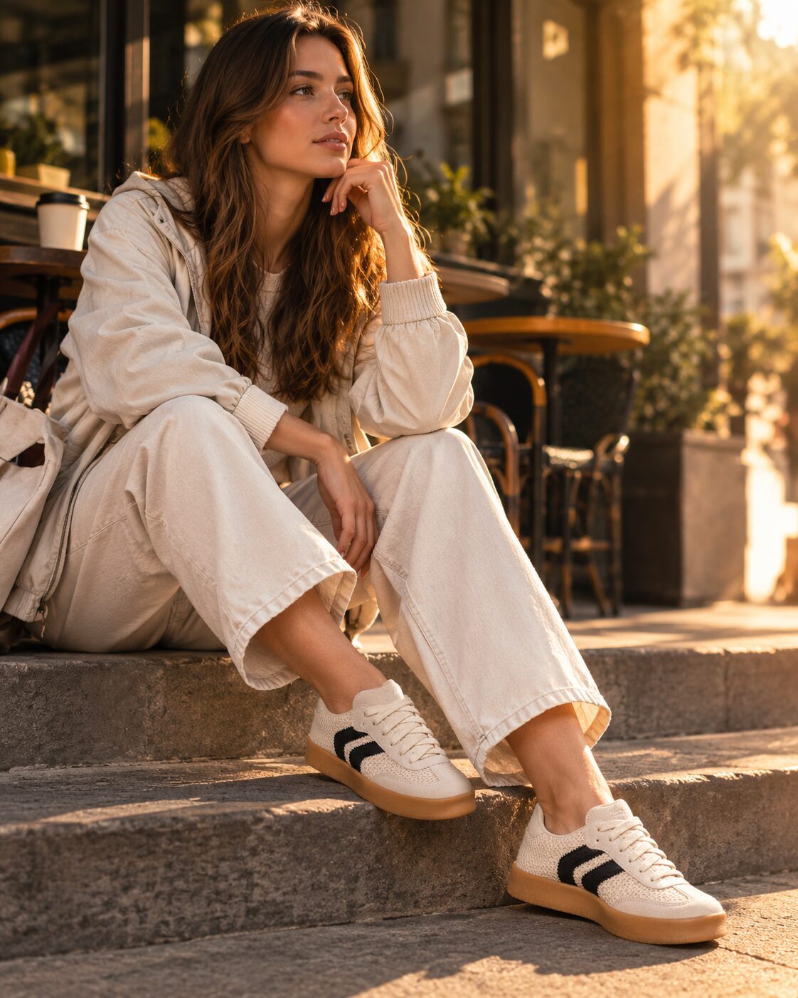 Mulher sentada em escada de café usando tênis casual LOP