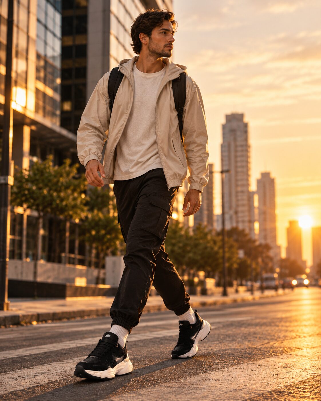 Homem caminhando na cidade ao pôr do sol usando tênis LOP